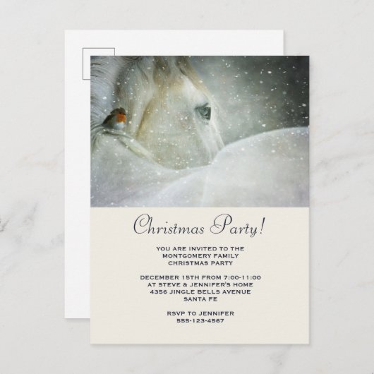冬の降雪クリスマスに白い馬と鳥 インビテーションポストカード (正面/裏面)