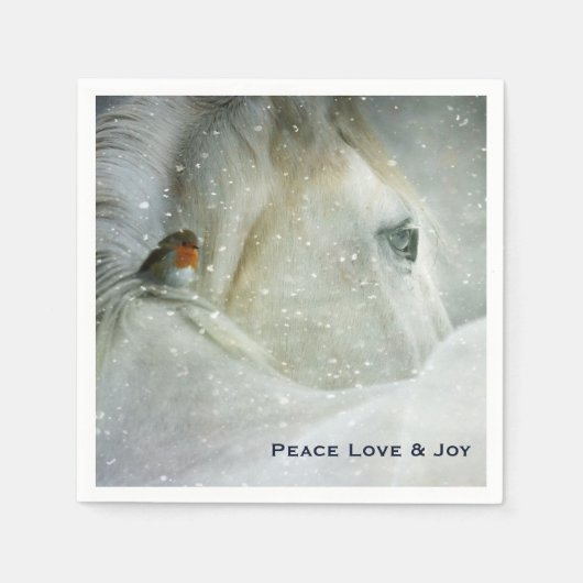 冬の降雪クリスマスに白い馬と鳥 スタンダードカクテルナプキン (正面)