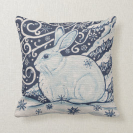 『冬の雪うさぎネービー・ブルー・スノーフレ絵画ークズ』 クッション