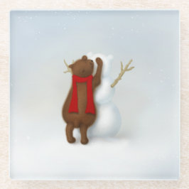 冬の雪お洒落熊ベビー ガラスコースター