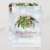 冬の雪かきの赤い実の緑のクリスマス シーズンカード (正面/裏面)
