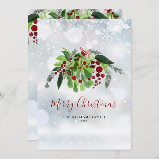 冬の雪かきの赤い実の緑のクリスマス シーズンカード (正面/裏面)