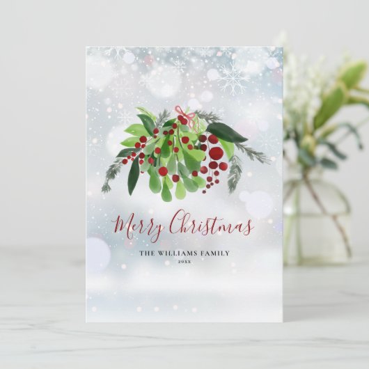 冬の雪かきの赤い実の緑のクリスマス シーズンカード (スタンド正面)