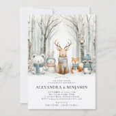 冬の雪かわいいウッドランド動物のコードベビーシャワー 招待状 (正面)