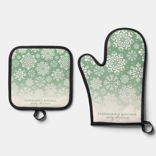 冬の雪が緑のかわいいクリスマスグラデーションに 鍋つかみ&鍋敷きセット (正面)