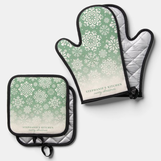 冬の雪が緑のかわいいクリスマスグラデーションに 鍋つかみ&鍋敷きセット (正面/裏面)