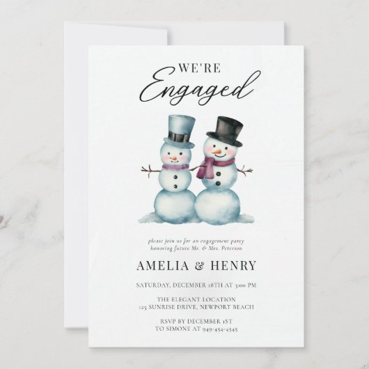 冬の雪だるまおもしろいかわいい婚約パーティ 招待状 (正面)