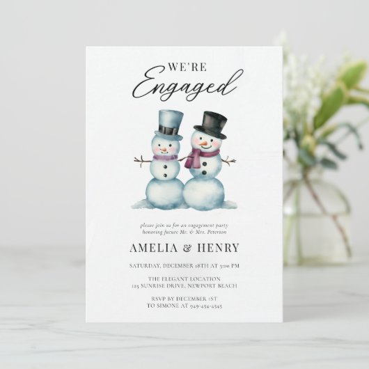 冬の雪だるまおもしろいかわいい婚約パーティ 招待状 (スタンド正面)