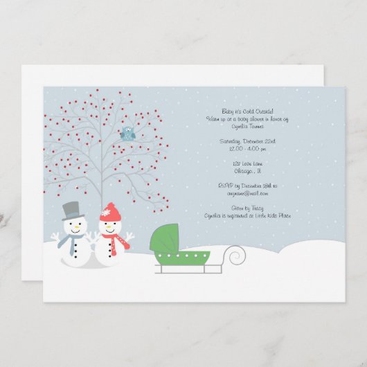 冬の雪だるまおよびキャリッジベビーシャワーの招待状 招待状 (正面/裏面)