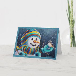 冬の雪だるまがシメの鳥に水をあげる 水彩画 カード