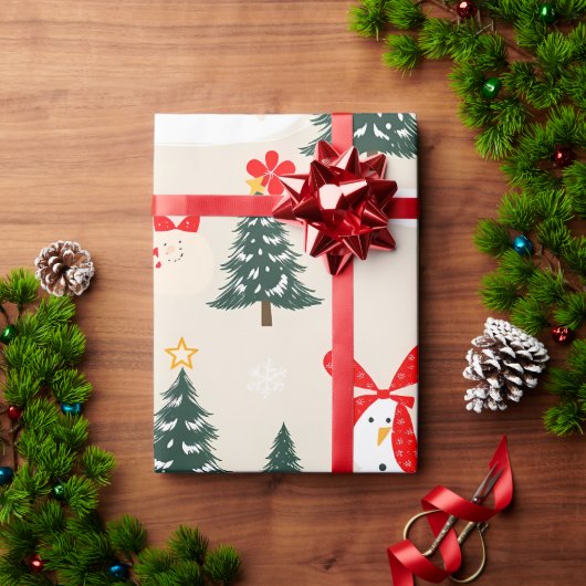 冬の雪だるまとクリスマスツリー ラッピングペーパー (クリスマスギフト)