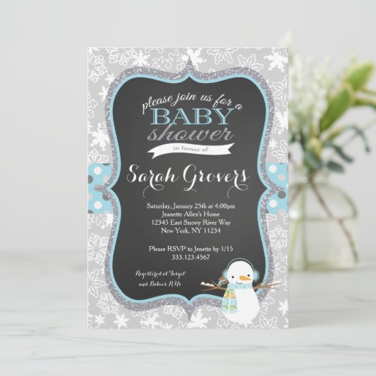 冬の雪だるまの男の子のベビーシャワーの招待 招待状 (スタンド正面)