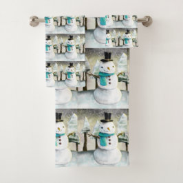 冬の雪だるまクリスマスシーンパターンかわいい バスタオルセット