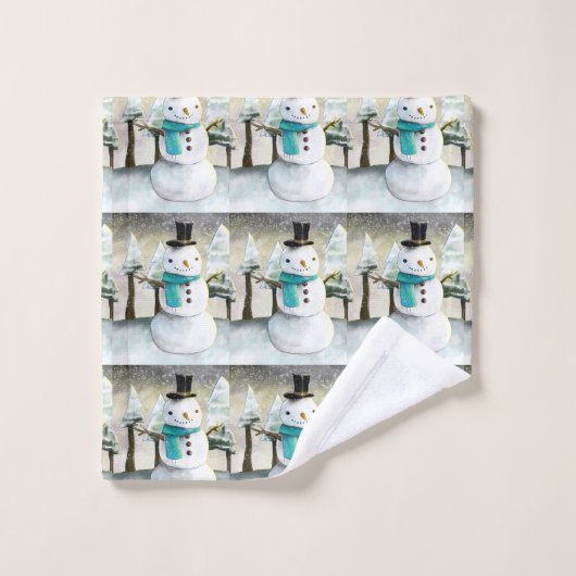 冬の雪だるまクリスマスシーンパターンかわいい バスタオルセット (ウォッシュタオル)