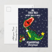 冬の雪だるまクリスマスツリー T-レックス 恐竜 シーズンポストカード (正面/裏面)