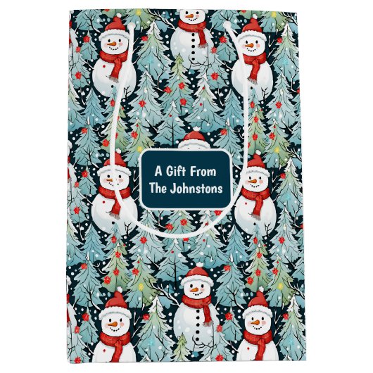 冬の雪だるまクリスマスパーソナライズされた ミディアムペーパーバッグ (正面)