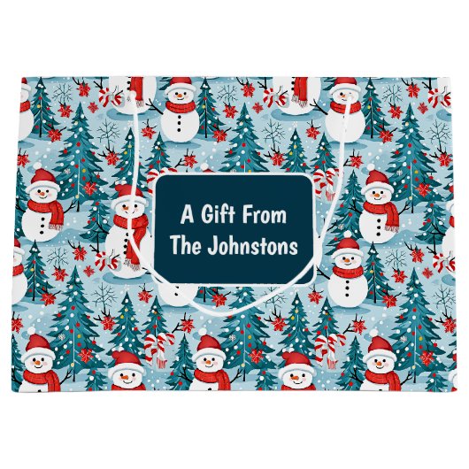 冬の雪だるまクリスマスパーソナライズされた ラージペーパーバッグ (正面)