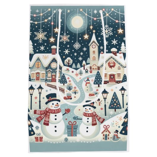 冬の雪だるまシーン ミディアムペーパーバッグ (裏面)
