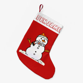 冬の雪だるまパターン | 子供の名前(赤) スモールクリスマスストッキング