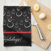 冬の雪だるまファミリーパターメリーンホリデーズブラック キッチンタオル (四つ折り)