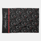 冬の雪だるまファミリーパターメリーンホリデーズブラック キッチンタオル (横)