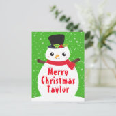 冬の雪だるまブライトグリーンメリークリスマスホリダ シーズンポストカード (スタンド正面)