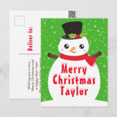 冬の雪だるまブライトグリーンメリークリスマスホリダ シーズンポストカード (正面/裏面)