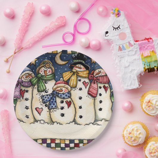 冬の雪だるま家族のクリスマスの紙皿 ペーパープレート (パーティー)