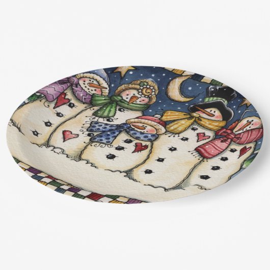 冬の雪だるま家族のクリスマスの紙皿 ペーパープレート (アングル)