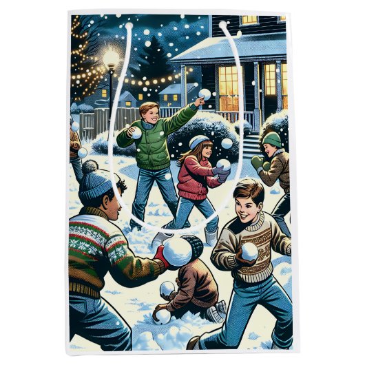 冬の雪だるま戦いクリスマス ミディアムペーパーバッグ (正面)