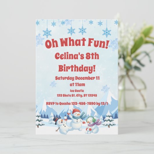 冬の雪だるま"ああ何おもしろい"誕生日 招待状 (スタンド正面)