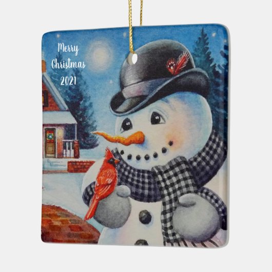 冬の雪だるま&レッド(鳥)ショウジョウコウカンチョウバードウォーター色アート セラミックオーナメント (左)