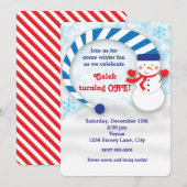 冬の雪だるま 雪景色のホリデー かわいいパーティーの招待状 招待状 (正面/裏面)