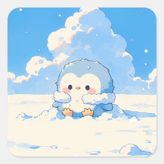 冬の雪で遊ぶかわいいペンギン スクエアシール (正面)