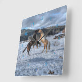 冬の雪で遊ぶ2つの牧場の馬IV スクエア壁時計 (傾斜)