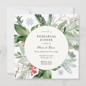 冬の雪とエバーグリーン結婚のリハーサルディナー 招待状 (正面)
