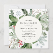 冬の雪と常緑のブライダルシャワーの招待 招待状 (正面)