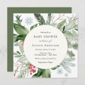 冬の雪と常緑のベビーシャワー招待状 招待状 (正面/裏面)