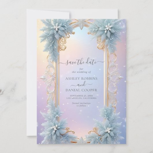 冬の雪と青い花模様は日付を保存 招待状 (正面)