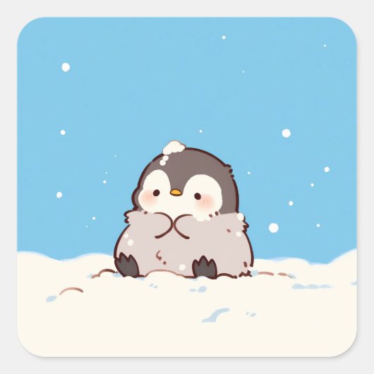 冬の雪に佇むかわいいペンギンの雛 スクエアシール (正面)