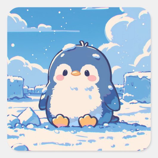冬の雪に座るかわいいペンギン スクエアシール (正面)