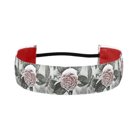 冬の雪に覆われたピンクのバラの絵 アスレチックヘッドバンド (正面)