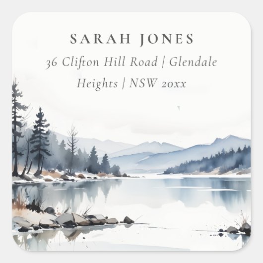 冬の雪に覆われた山と湖の風景 住所 スクエアシール (正面)