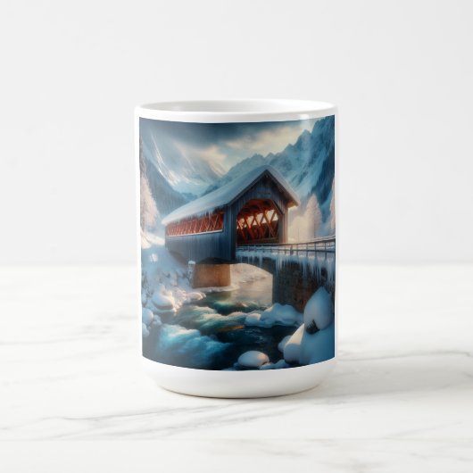 冬の雪に覆われた橋と川 コーヒーマグカップ (中央)