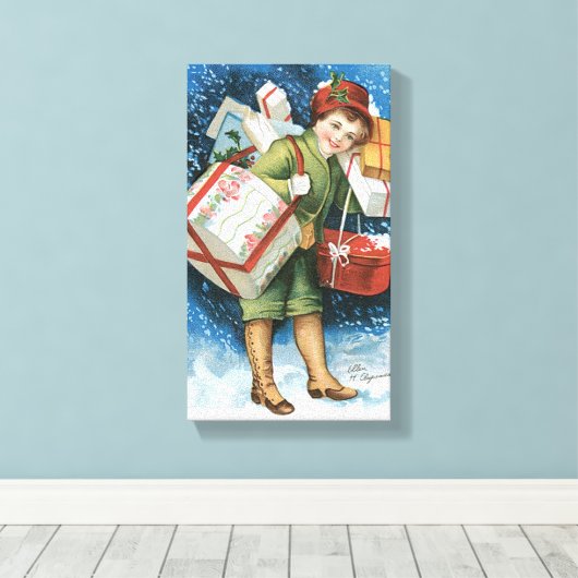 冬の雪に贈り物を贈るヴィンテージクリスマス キャンバスプリント (インサイチュ (ウッドフロア))