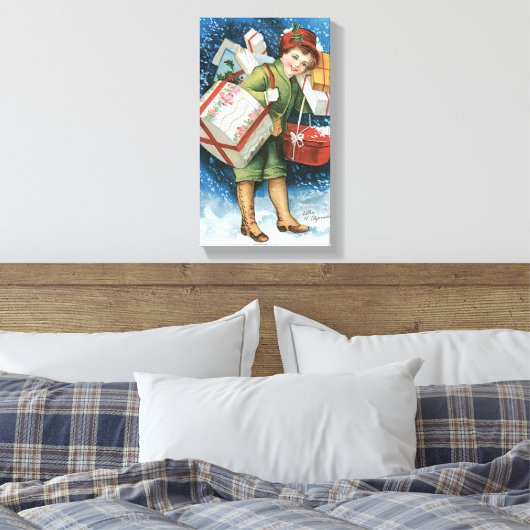 冬の雪に贈り物を贈るヴィンテージクリスマス キャンバスプリント (インサイチュ (寝室))