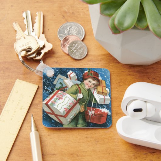 冬の雪に贈り物を贈るヴィンテージクリスマス キーホルダー (デスク)