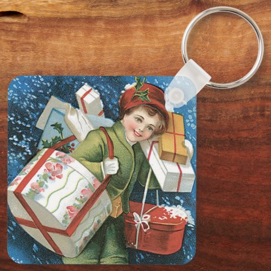 冬の雪に贈り物を贈るヴィンテージクリスマス キーホルダー (裏面)