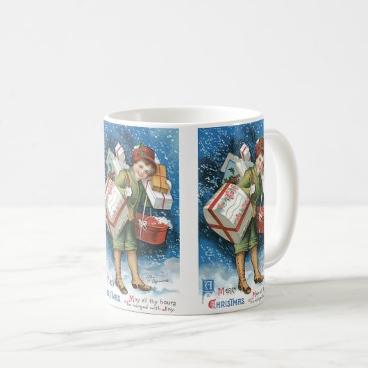 冬の雪に贈り物を贈るヴィンテージクリスマス コーヒーマグカップ (正面右)