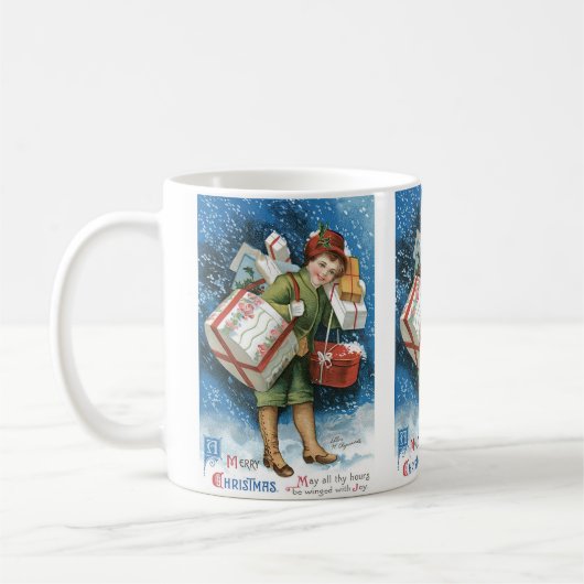 冬の雪に贈り物を贈るヴィンテージクリスマス コーヒーマグカップ (左)